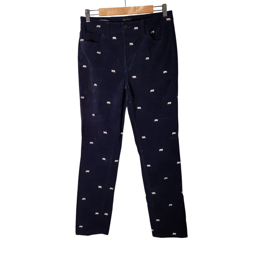 Talbots Corduroy Straight Leg Pant 6 Navy Blue Polar Bear Embroidered Holiday